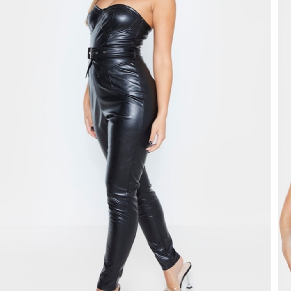 NWT Pretty Little Thing Black Faux Leather Jumpsuit WITHOUT BELT